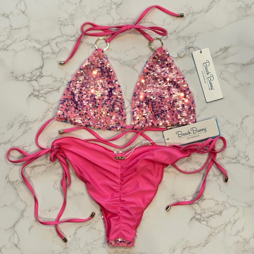 Beach Bunny Pink Icon DD Triangle Top & L Icon Tie Side Skimpy Bottom $250 - Picture 13 of 14